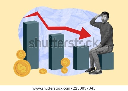 Creative 3d photo collage artwork poster postcard of man sitting look currency fall down isolated on drawing colorful background