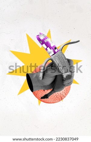 Vertical poster collage of hand hold banana black and white filter isolated on drawing grey color background