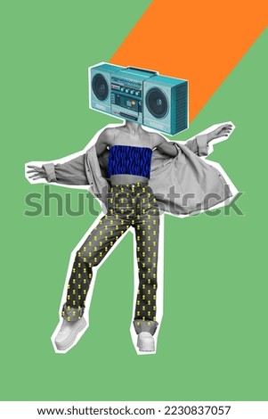 Vertical poster collage of lady boombox instead head dance black and white color isolated on drawing green background