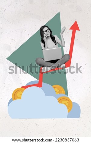 Creative 3d photo artwork graphics collage of smart intelligent woman financier talk phone laptop market stock consultant arrow rising up