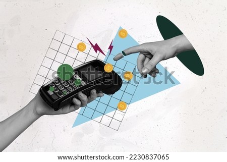 Poster collage of hand spend money black and white filter isolated on drawing grey color background Royalty-Free Stock Photo #2230837065