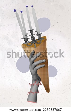 Vertical collage image of human hand black white effect hold waffle candleholder instead ice cream isolated on painted background
