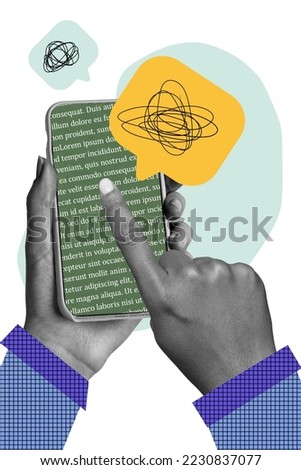 Unusual photo collage of hands scrolling holding broken smart phone screen spam text dont understand digital security painting background