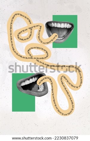 Vertical collage picture of two human speaking mouth black white gamma say tell bla blah isolated on painted background