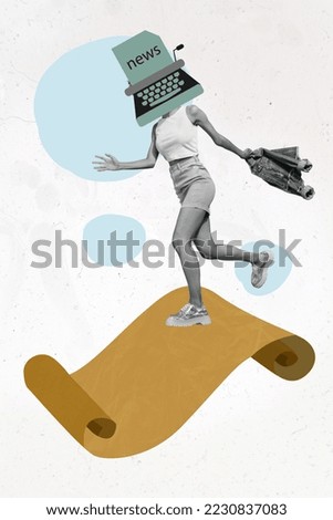 Vertical poster collage of lady typewriter instead head run black and white color isolated on painting background