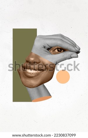 Vertical collage picture of human face parts arm eye inside beaming smile isolated on painted creative background