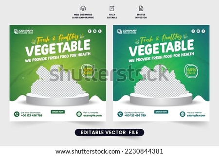 Fresh and healthy food menu and vegetable sale social media post vector with green and yellow colors. Organic vegetable promotional web banner design. Healthy food business template for marketing.