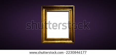 Antique art fair gallery frame on royal purple wall at auction house or museum exhibition, blank template with empty white copyspace for mockup design, artwork concept