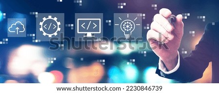 Web development concept with businessman on night city background