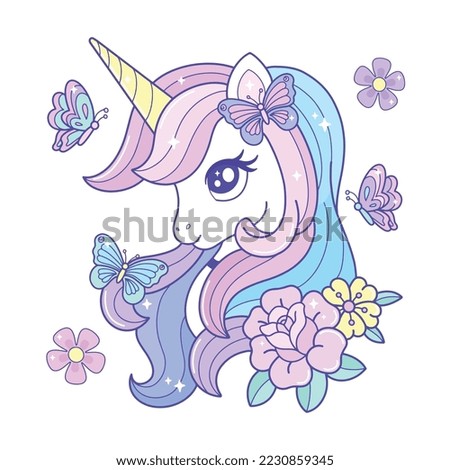 Beautiful unicorn, butterfly and flowers illustration