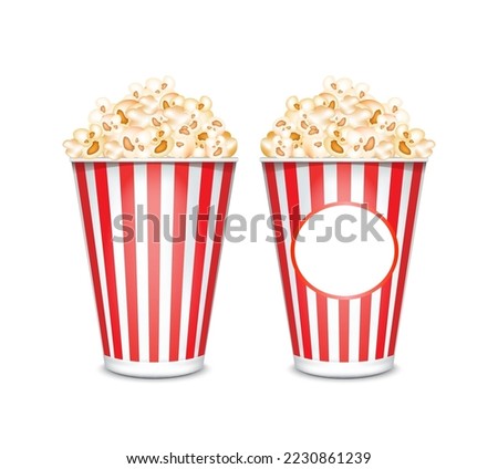 Popcorn in cardboard or paper buckets red and white striped isolated on a white background. Cinema snack or movie food. Realistic 3D Vector illustration.