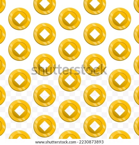Pattern of Ancient coins on transparent background with mini doodle (icons) and gold color. Vector Illustration