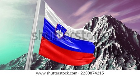 Slovenia national flag cloth fabric waving on beautiful Background.