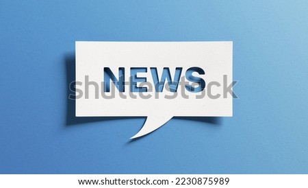News text for newsletter, latest news, breaking news, blog website. Cut out paper speech bubble on blue background for banner, headline background. Communication on current events. Royalty-Free Stock Photo #2230875989