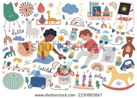 Toddler children playing with scandi toys, boho nursery interior collection, hand drawn set of eco toys, doodle icons of rocking horse, lions, vector illustration of playroom decor, colored clipart Royalty-Free Stock Photo #2230883867