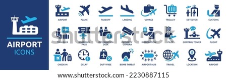 Airport icon collection. Containing plane, boarding pass, traveler, duty free, information desk, customs, detector, immigration and pilot icons. Airport icon element solid design. Royalty-Free Stock Photo #2230887115