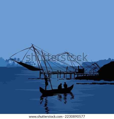 KERALA: Kochi Chinese fishing Net and local fishing boat background illustration 