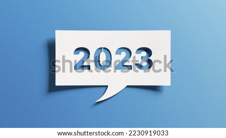 2023 happy new year greeting card. Clean minimalist design with cut out paper on blue background. Business and corporate banner. Serenity, ecology, elegance.