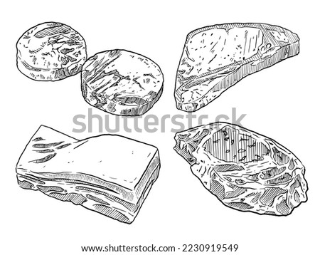 set of sketch and hand drawn element meat steak pork belly and sirloin meat collection set Royalty-Free Stock Photo #2230919549