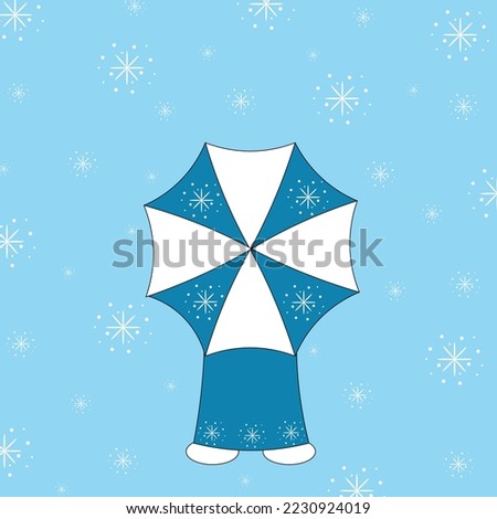 Winter clip art with kid under umbrella, falling snowflakes on blue background. Winter concept. Hello happy winter picture.