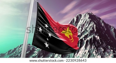 Papua New Guinea national flag cloth fabric waving on beautiful Background.