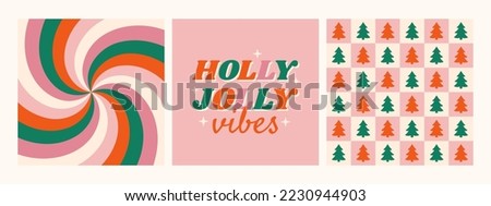 Christmas hippie retro 70s background collection. Holly Jolly Vibes phrase with twirl and checkered wallpapers. Vector illustration