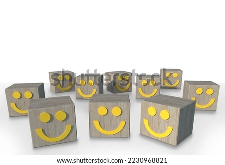 Close up smiley face icon on wood cube, Customer Service Quality Feedback Tags, positive feedback on white background.
