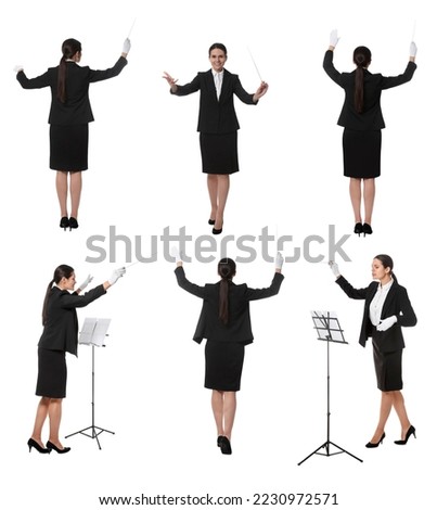 Collage with photos of professional young conductor with baton on white background