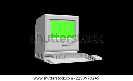 Retro pc with chroma key green screen, old computer isolated on black background. Retro obsolete technology. Mock up for 3d motion design and advertising.