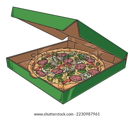 Takeaway pizza vintage colorful logotype green box with traditional Italian lunch with mushrooms and pepperoni sausage or olives vector illustration