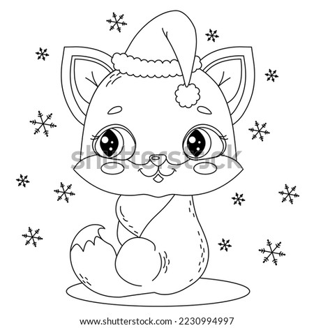 Children's coloring cute Christmas kitty sitting in a Santa hat in winter.