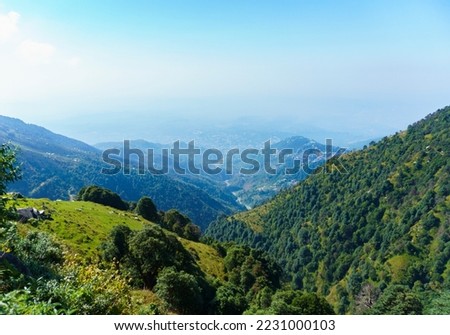 Arial View of Dharamshala from Magic View Cafe, Triund Hill, Indrahar Pass Trail, Dauladhar Range, Himachal Pradesh, India Royalty-Free Stock Photo #2231000103