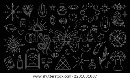 Magic background in retro style with hand drawn elements. Decorative mystical vector isolated pattern. editable stroke stickers. Esoteric element in minimalism. Collection of occult symbols tattoo.