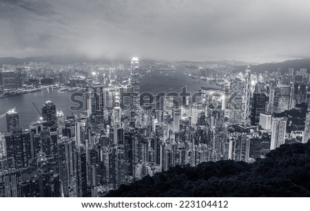 Hong Kong city night with building skyline and skyscraper in Hong Kong.