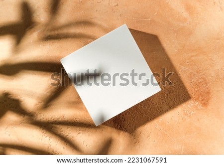 Empty white square mockup podium for product presentation on a sandy textured background with hard light and shadows. Trendy design flat lay with copy space. Top view.