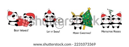 Christmas baby pandas vector illustration isolated on white background. Doodle panda bear characters with gift boxes, snowman, fir tree and mistletoe branch. Christmas phrases