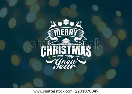 Merry Christmas and Happy New Year card on a blurred  navy blue background
