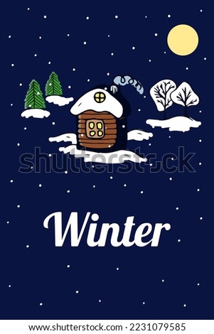 Winter card with village houseand, trees, snowflakes. Blue color. Vector illustration. Design for greeting cards, postcards, cover, print, web, frame, post social media, wall, picture