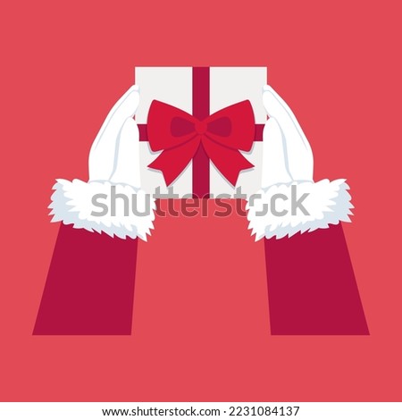 Santa Claus hands in white gloves holding gift box on blank red background, flat vector illustration