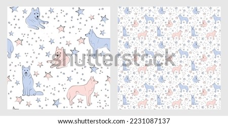 Pattern design with funny Husky dogs doodles, sketch style, seamless pattern.  textile, wrapping paper, blue background graphic design. Wallpaper for Babies and kids. Blue and Pink linen style.