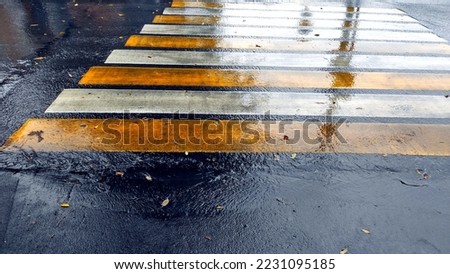 Pedestrian crossing in Russia. Zebra crossing. Autumn. Rain. Yellow and white stripes. Road, pedestrians