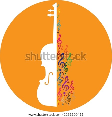 violin figure on a white background and yellow circle, musical notes completing the break