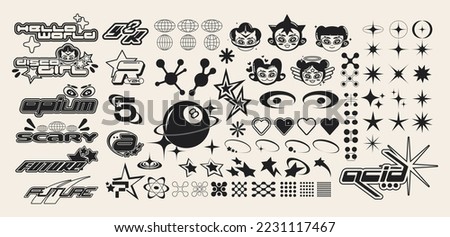 Retro futuristic elements for design. Collection of abstract graphic geometric symbols and objects in y2k style. Templates for pomters, banners, stickers, business cards Royalty-Free Stock Photo #2231117467