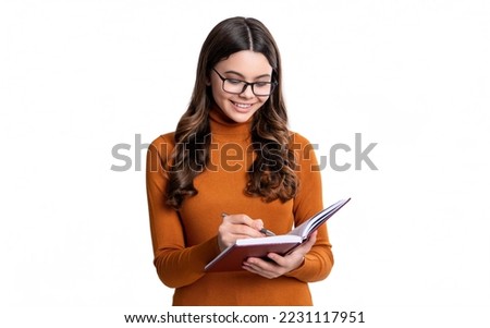 teen girl education writing diary. education of teen girl writing diary isolated on white background Royalty-Free Stock Photo #2231117951