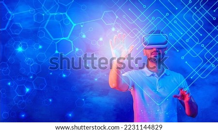 abstract digital ai technology concept background of abstract digital pattern overlay with blured man wearing 3d goggle headset in concept of metaverse with virtual reality world