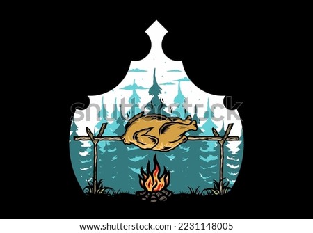 Illustration design of a Grilling chicken over bonfire