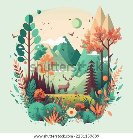 Illustration of Nature Mountain Forest Jungle Landscape Background in Flat Vector Color for Icon, Logo, Poster, Banner, Flayer Royalty-Free Stock Photo #2231159689