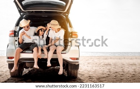 Family with Car travel driving road trip summer vacation in car in the sunset, Dad, mom and daughter happy traveling enjoy holidays and relaxation together get the atmosphere and go to destination 