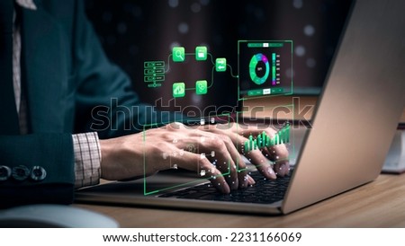businessman working with business Analytics and Data Management System on computer, online document management and metrics connected to database. Corporate strategy for finance, operations, sales.