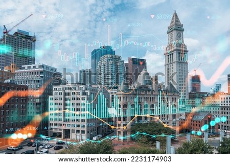Financial downtown city view panorama of Boston from Harbor area at day time, Massachusetts. Glowing FOREX graph hologram. The concept of international trading and fundamental analysis